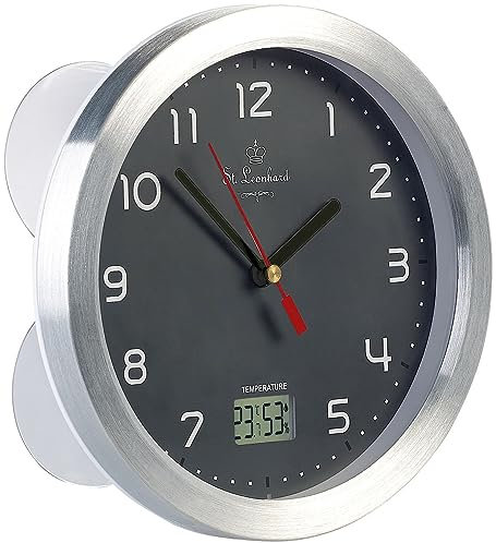 St. Leonhard Tischuhr: Badezimmer-Funk-Wanduhr, Thermo- und Hygrometer, Alu-Rahmen, Grau (Funk Badezimmer-Uhr, DCF-Funkuhr, Spiegel)