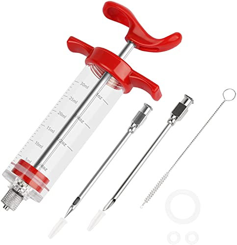 Adems Plastic Meat Injector Syringe Kit, 30ml Food Seasoning Syringe with 2 Stainless Steel Needles spare O rings and 1 needle cleaner easy to use and clean