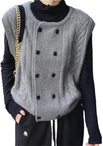 Alloaone Gilet Tricoté À Double Boutonnage pour Femmes, Col Rond, Pull sans Manches, Cardigan Ample, Débardeur