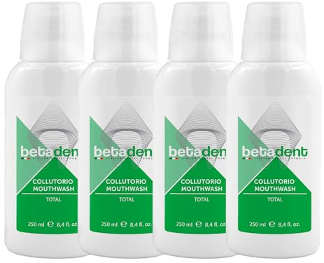 Betadent Set mit 4 Mundpflegemitteln Total Wirksamkeit gegen Plaque, Zahnstein, Karies, Mundgeruch, Zahnfleischentzündung. Natürliche Inhaltsstoffe, maximale Wirksamkeit, frischer Atem. 4 x 250 ml