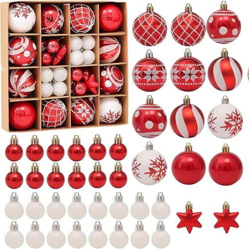Robofun Lot de 42 Boules de Noël, Boîte de Boules de Noël en Plastique Incassable, Ornements Décoratifs Pendentifs Cadeaux, Arbre de Noël fête de Mariage Décor, Réutilisables [Blanc & Rouge]