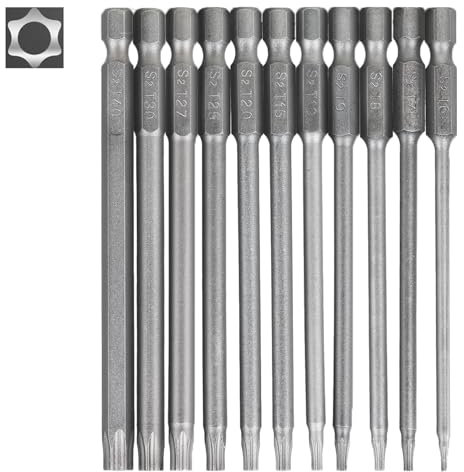 Juego de 11 Destornilladores Torx largos - Puntas Torx Magnéticas 100 mm Destornilladores con vástago hexagonal de 1/4 T6-T40 cabeza de estrella magnética para Destornilladores Eléctricos
