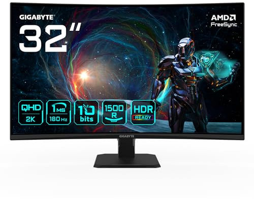 Gigabyte GS32QCA 31.5 Monitor Curvo para Gaming QHD - 2560 x 1440, 180Hz, 1ms, 250 CD/m², FreeSync, HDR Ready, HDMI 2.0, DisplayPort 1.4