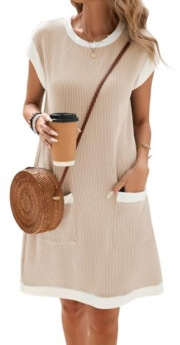 Famulily Women's Crewneck Cap Sleeve Shirt Dress Elegant Summer Color Block Short Sundress with Rib Texture Khaki XXL