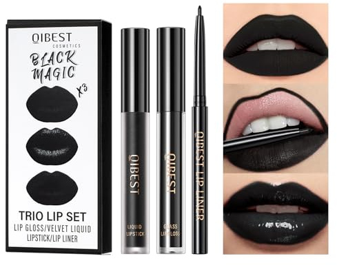 QiBest 3-in-1 Black Lipstick Set for Halloween & Goth Makeup, Matte Liquid Lipstick + Lip Gloss + Gel Lip Liner Pencil Lip Kit for 24 Hours Long Lasting & Waterproof Gothic Lip Makeup (Black Magic)