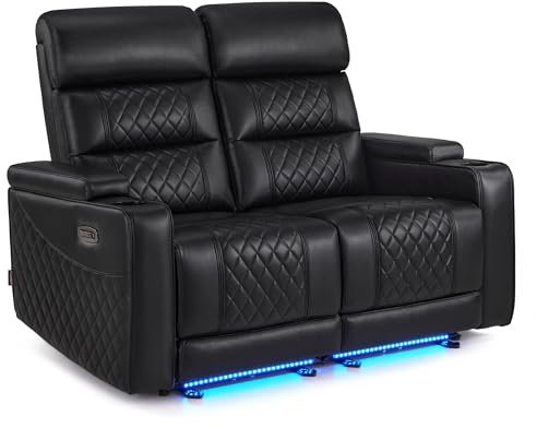 M MCombo 2 Sitzer Sofa mit Schlaffunktion, Relaxsofa 2 Sitzer mit verstellbare Kopfstütze, 2er Kinosessel mit USB & Type-C Anschlüsse, Armlehnen-Aufbewahrung & LED Beleuchtung, 7705 (Schwarz)