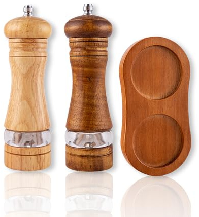 ZOMNACO 2 Pack Wooden Salt and Pepper Grinder Set - 6.7 Salt and Pepper Grinder set Wood Manual Mills with Acrylic Window & Adjustable Ceramic Grinder, Refillable Grinding Bottle with Wooden Tray
