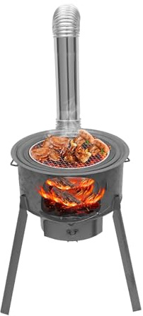 Multifunction Wood Burning Stove with Grill Rack, Large Portable Camping Stove for Outdoor Cooking, Off Grid Living Supplies with Detachable Legs & 3 Wok Rings for Backyard, Tent, Rocket Stove Use