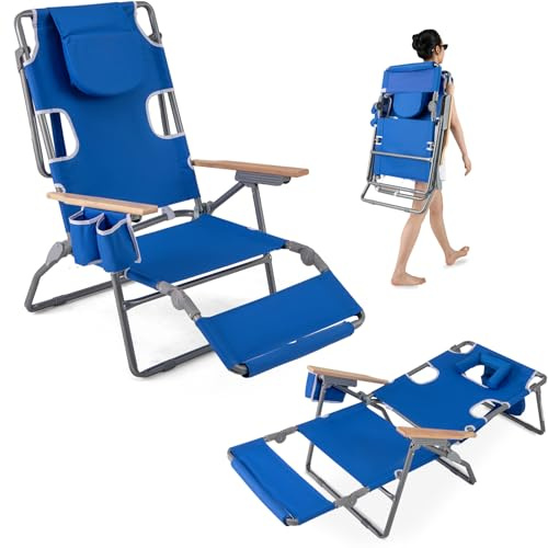 GOPLUS Silla de Playa Reclinable 4 Positions con Reposapiés, Tumbona Plegable de Piscina con Agujero para Cara, Respaldo Ajustable, Bolsillos,Toallero, hasta 150 kg, 66 x 100x 98 cm(Azul Marino)