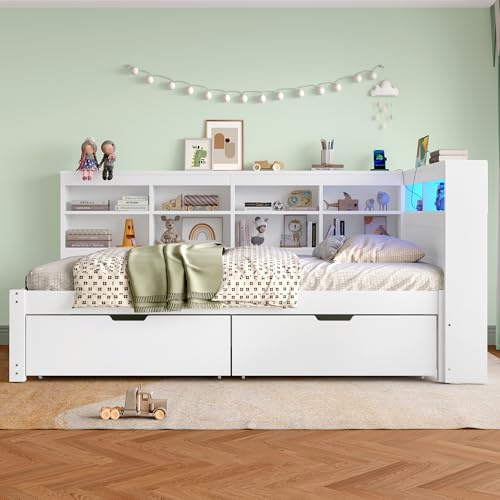 3ft Single Daybed with 2 Storage Drawers & Beside Storage, LED Functional Wooden Bed frame with Charging Station, Sofa Bed Guest Beds Youth Beds For Adults Kids Teenagers, White,No Mattress,190x90 cm