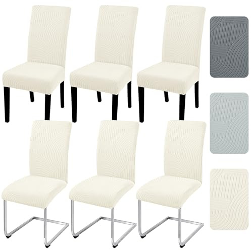 Alishomtll Dining Chair Covers Set of 6 Stretch Streaks Jacquard Beige | Elastic Jacquard Chair Slipcovers for Dining Chairs, Removable Washable Chair Protector for Dining Room Kitchen Hotel Banquet