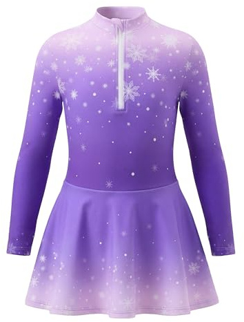 Wenlia Girls Ice Skating Dress Long Sleeve Gradient Snowflake Outfit Set with Hairband for Recreational Ice Skating, Pueple, 7-8 Years, 130