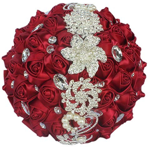 Fouriding Bouquet de Mariée Mariage Broche Rose Satin Fleur avec Ruban Cristal Strass Decoration Mariage Maison Fête Soirée (Bourgogne)