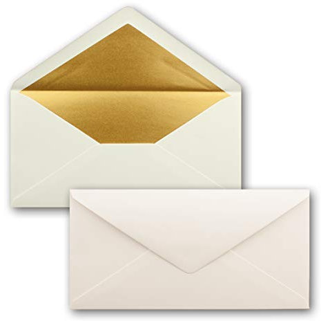 50 Brief-Umschläge DIN Lang - Naturweiss mit Gold-Metallic Innen-Futter - 110 x 220 mm - Nassklebung - festliche Kuverts für Weihnachten