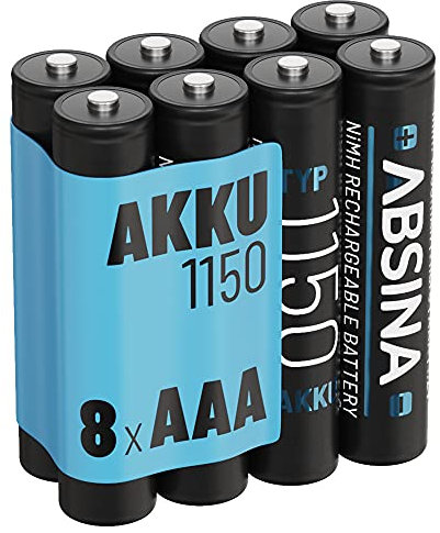 ABSINA 8X AAA Akku 1150 NiMH mit 1,2V & min. 1050 mAh - AAA Akkus wiederaufladbar für Geräte mit hohem Stromverbrauch - Batterien AAA wiederaufladbar ideal für DECT Telefon - Akku AAA Micro