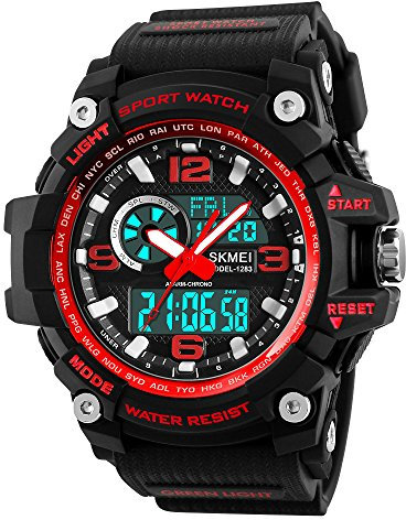 SKMEI Digitale Herren-Sportuhr, 50 m wasserdicht, Militär-Uhren, LED-Bildschirm, großes Zifferblatt, Stoppuhr, Wecker, Armbanduhr, Rot/Ausflug, einfarbig (Getaway Solids), Digital