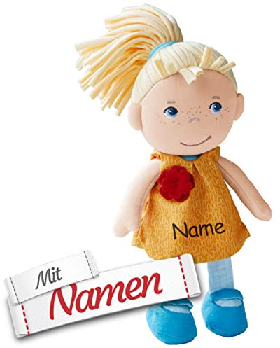 HABA Stoffpuppe Joleen mit Namen Bestickt, Erste Baby Puppe zum kuscheln, Weiche Mädchen Kuschelpuppe, Kinder Geschenk-Idee Babypuppe als Taufgeschenk