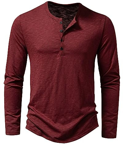 Men's Casual Grandad Collar Henley T Shirt Muscle Fit Summer Smart Long Sleeve 4 Buttons Tee Slim Fitted Collarless Polo T-Shirts Tops-Z-Wine Red-M