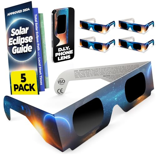 Medical king Solar Eclipse Glasses Approved 2024, (5 PACK) CE and ISO Certified Safe Shades for Direct Sun Viewing + Bonus Eclipse Guide With Map