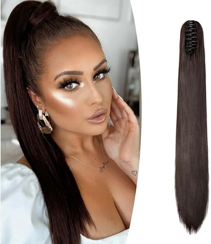 Gairyan 60 cm hästsvans, hårdel, flätförlängningar, lång slät klämma, Claw Clip i Ponytail Extensions syntetiskt hår, förlängningar, rak hårdel, hårförlängning för kvinnor (medelbrun)