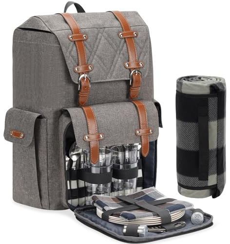 ZORMY Picknickrucksack für 4 Personen mit Decke und Kühltasche, All-in-One Tragbare Picknicktasche mit Besteckset, Picknickkorb-Set mit Weinbeutel, Perfekt für Camping, Strand und Hochzeitsgeschenk