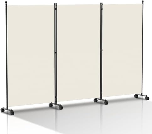 Hebitod Biombo biombo con ruedas, 3 piezas, 263 x 181 cm, separador de ambientes, opaco, para interior, para casa, oficina, terraza, color beige