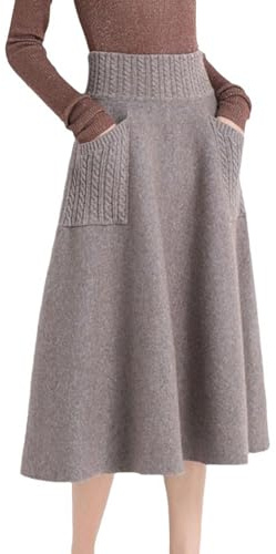 BININBOX Falda Larga de Lana para Mujer con Bolsillos Cintura Elástica Falda Midi de Punto Plisada de Invierno y otoño (FR/ES, Letras, L, Regular, Regular, Gris)