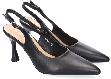 shoes&blues.es 89778 Zapato para Mujer, Estilo Salon, con Tacon, Puntera Fina, Talon Abierto y Hebilla Ajustable. Negro Talla 38