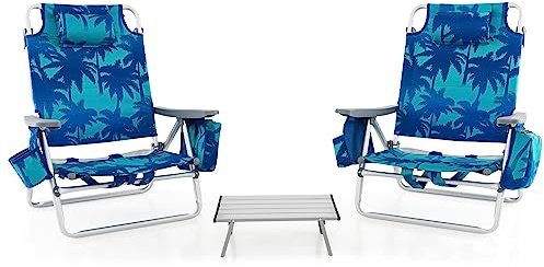 GIANTEX Fällstol strandstol med bordsset, vikbar trädgårdsstol, campingstol, solstol med justerbart ryggstöd, högt ryggstöd med nackstöd, balkongstol, terrassstol (mörkblå)