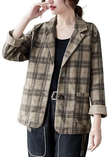 LCDIUDIU Blazers De Mujer,Blazer A Cuadros para Mujer, Color Caqui, De Lino Y Algodón, Mangas Largas, Solapas con Muescas, Abotonado, Chaqueta De Traje Ligera, De Verano, Informal, Elegante, Holgad