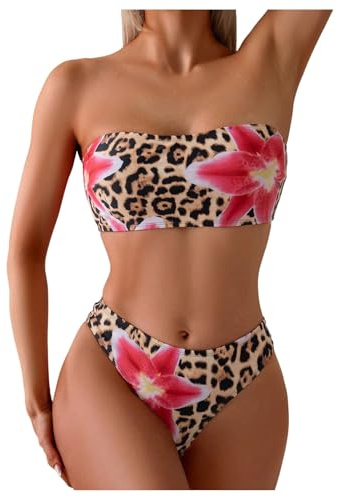 GORGLITTER Women's Leopard Print High Waisted Bikini Sets Strapless Bandeau Top 2 Piece Beach Swimwear Red Small