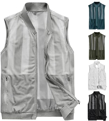 Gilet de pêche pour homme léger pour l'été - Gilet en maille respirante - Gilet de photographie tendance avec poches - Pour loisirs en plein air - Gilet de travail - Fermeture éclair intégrale - Gilet