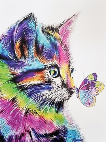KUSTOM ART Poster Decorativo da Parete Serie Animali Gatto Multicolore con Farfalla Stampa Artistica su Cartoncino 40x30cm Senza Cornice