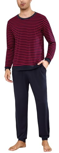 Bresdk Pigiama Uomo Lungo Cotone Pigiama Invernale Manica Lunga Pigiami Due Pezzi da Uomo con Collo Rotondo e Strisce Rosso L