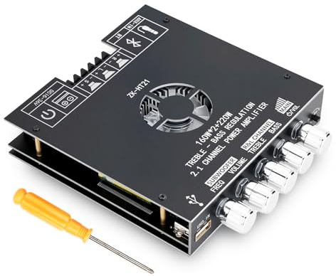 Module Amplifi HiFi 2.1 Canaux avec Bluetooth, 160Wx2 + 220W Caisson de basses, Amplificateur Stéréo Numérique Mini, Puce TDA7498E, Entrées BT 5.0/USB/AUX, DC 15-36V, Carte Son ZK-HT21 pour Home Ciném