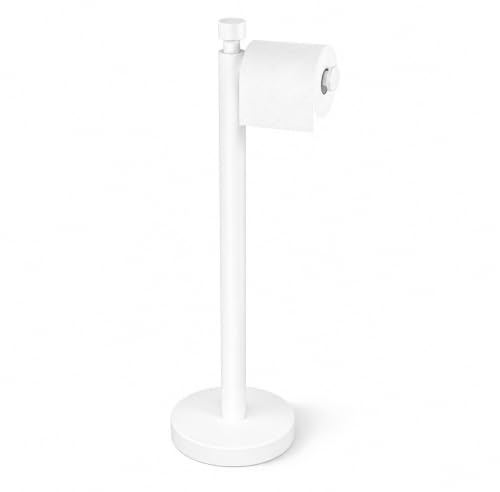 YUMORE Toilet Paper Holder Stand with Weighted Base, Matte White | Stainless Steel Design with Open-Arm Access for Bathrooms and Powder Rooms