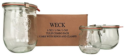 Weck Tulip Jar Combo Pack- (1) 762, (1) 744, (1) 745, (3) glass lids, (3) rubber rings and (6) clamps
