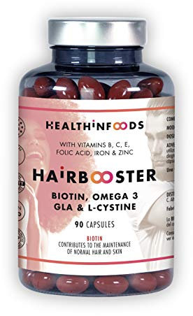 Healthinfoods | Hairbooster | Biotina, Omega 3, Zinc, Gla, LCistina, Hierro, Vitaminas | Gmp | Fórmula Anticaída | Potencia El Crecimiento Y Fortalecimiento Del Pelo, Uñas Y Piel | 90 Cápsulas | 66 Gr