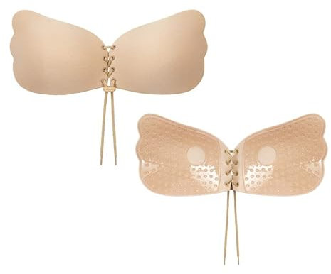 SPRINGSY Klebe BH Push Up für perfektes Dekolleté | Trägerloser BH rückenfrei - hautfreundlich und atmungskativ – Unsichtbarer Klebe BH große Brust mit Tunnelzug (Beige, C)