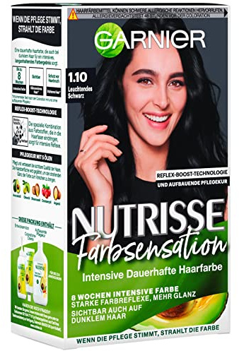 Garnier Nutrisse Pflegende Intensivtönung mit nährenden Fruchtölen, Coloration mit 8 Wochen Halt, Farbsensation Haarfarbe, 1.10 Leuchtendes Schwarz