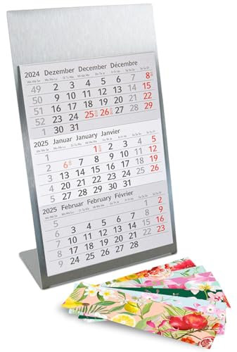 Timr Tischkalender zum Aufstellen aus Edelstahl I für 2 Jahre 2026/2027 I Blumen-Motive in Aquarell I 3-Monatsübersicht mit Block Magneten I tr128