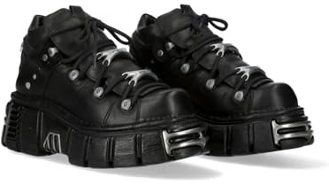 New Rock Bottines Cuir Noir Femme Chaussure Plateforme ICONIC 106 Black Woman Ankle Leather Shoes Boots M.106N-S16