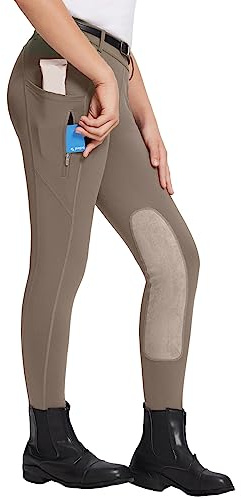 baleaf Girls Riding Pants Kids Equestrian Breeches Knee-Patch Zip Pocket Horseback Tights Brown XS