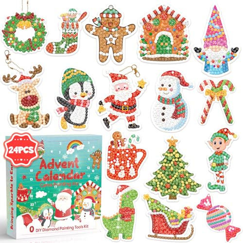 Diamond Painting Advent Calendar 2025 Girls, Adult, Women, 24pcs Diamond Art Keychains by Numbers, DIY Gem Arts and Crafts for Girls Ages 4-8, 8-12