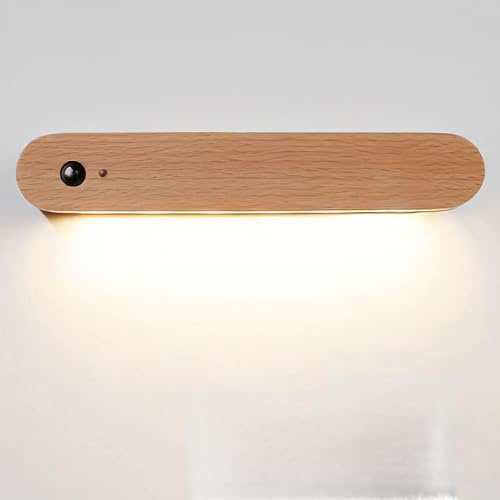 Wooden Wall Light with Motion Sensor USB Rechargeable Wall Lamp Warm White LED Night Light with Magnetic Strip 2 Modes Wireless Battery Wall Lighting for Bedroom Hallway Kitchen Staircase Living Room