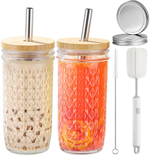 CJWLKJ 2-Pack 24oz Glass Cups Tumbler with Lids and Straws, Reusable Boba Bubble Tea Cups, Mason Jar Drinking Glasses Iced Coffee Cup for Long Drinks, Water, Cocktail, Whiskey, Soda, Gift
