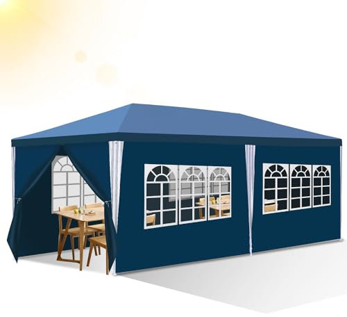 Izrielar Cenador de jardín impermeable de 3 x 6 m, con paneles laterales y ventanas, carpa para fiestas, puestos de mercado, festivales, mercadillos y camping, color azul