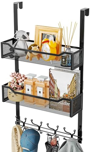 SWTYMIKI Over Door Hanger Hooks - Multi-Functional Coat Hanger with 16 Hooks & 2 Mesh Baskets, Door Hangers for Clothes, Bedroom, Living Room, Home Storage Organiser, Black
