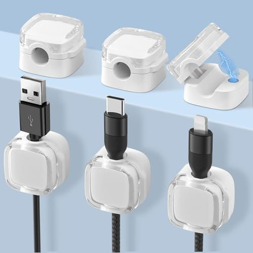 Alaoo Clips para Gestión de Cables, 6PCS Clips para Sujetacables con Magnético Duraderos, Clip de Cable de Resorte Autoadhesivo para Organizar Cables en el Escritorio (Versión Mejorada Blanco)