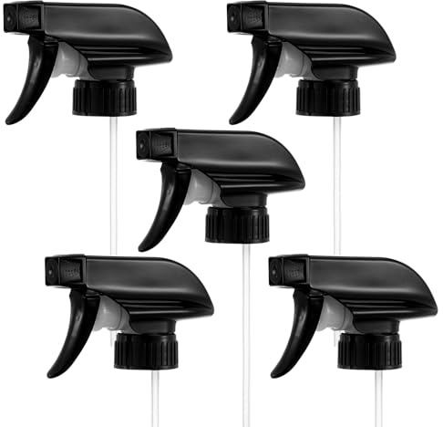 Universal Trigger Sprayer Heads, 5 Pack Replacement Nozzles & Tops - Adjustable Mist to Stream Fit for Standard Plastic & Glass Bottles | for Cleaning Sprays, Gardeners, Hair Stylists & DIY